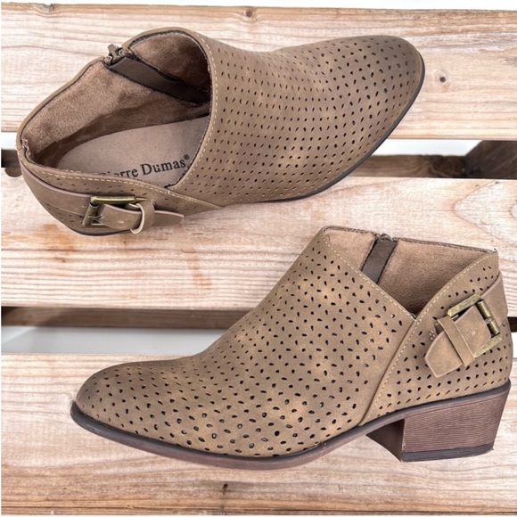 Pierre Dumas perforated Brown Tan Vegan Leather Buckle Booties size 7.5 - Picture 1 of 10